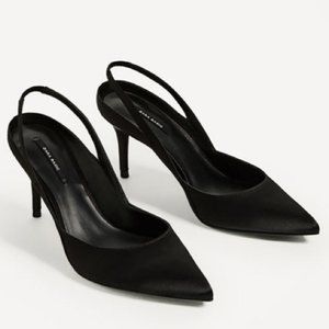 Zara Black Satin Slingback Kitten Heels Shoes